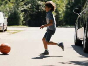 Boy chasing ball onto road with traffic