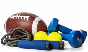 Football, skipping rope, tennis balls and hand weights for outdoor games