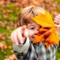 Small boy holding autumnal maple leaf